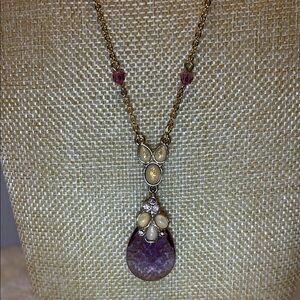 Elegant SAQ Necklace Gold and Purple Pendant 12” With 3” Extender